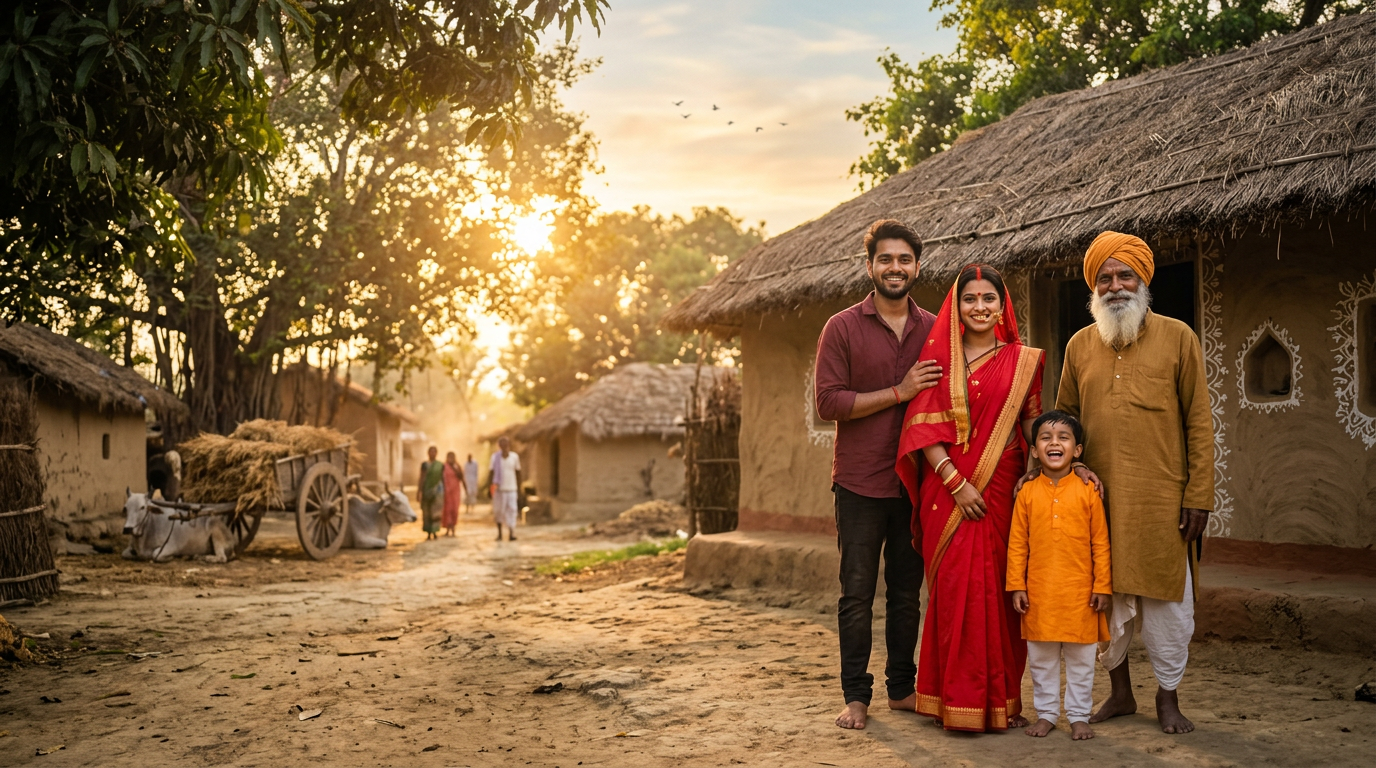 Warm village scene representing Bhojpuri storytelling