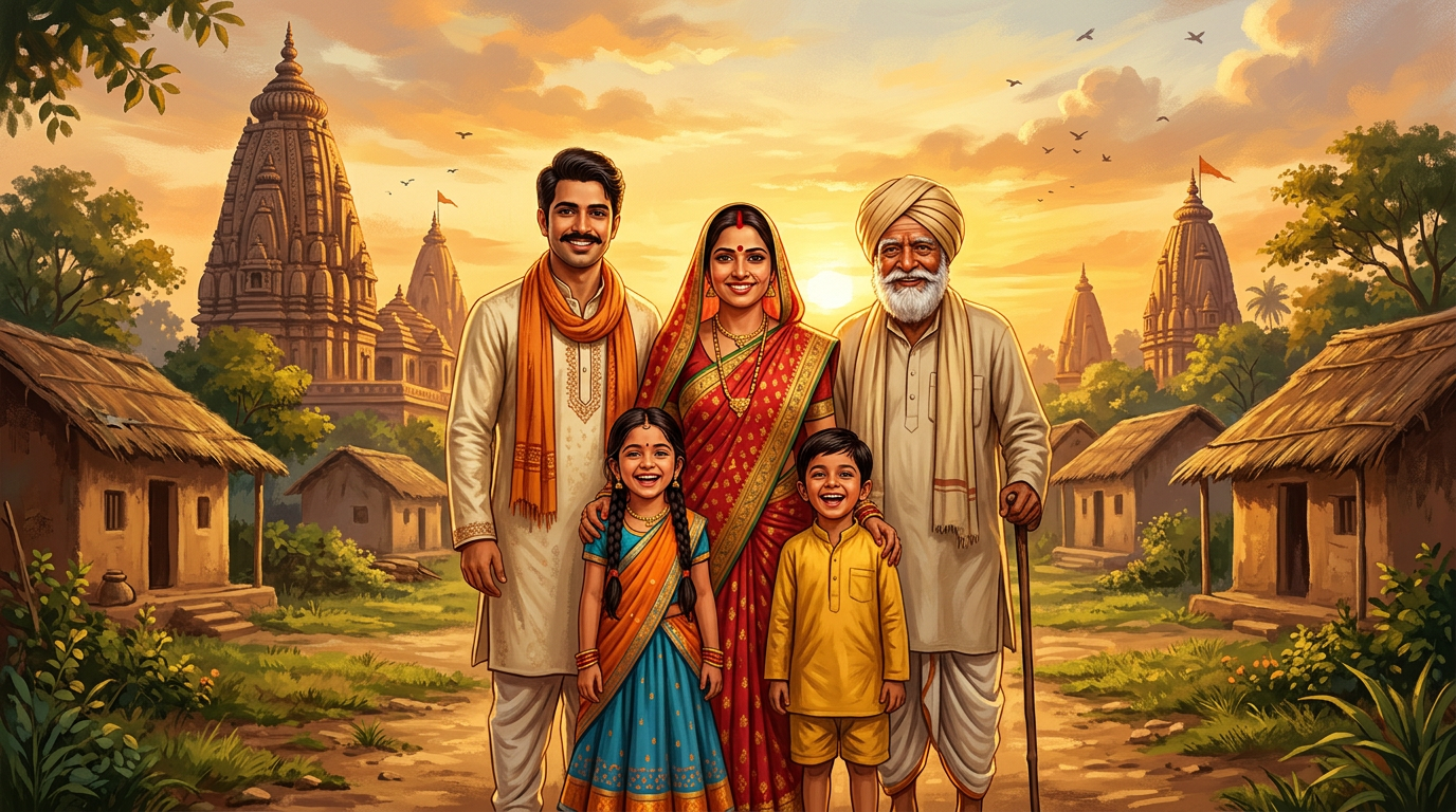 Smiling villagers, children and an elder in front of temples at golden hour