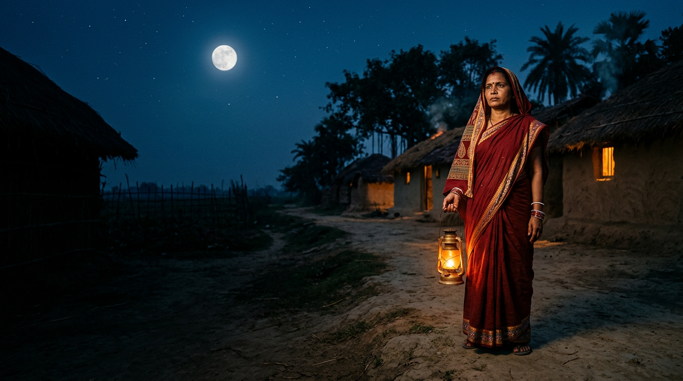 A village woman in a red saree holds a glowing lantern on a moonlit night in front of mud huts
